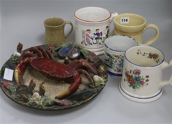 A Palissy plate and five frog mugs